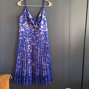 Blue spaghetti to strap dress with nude underlay